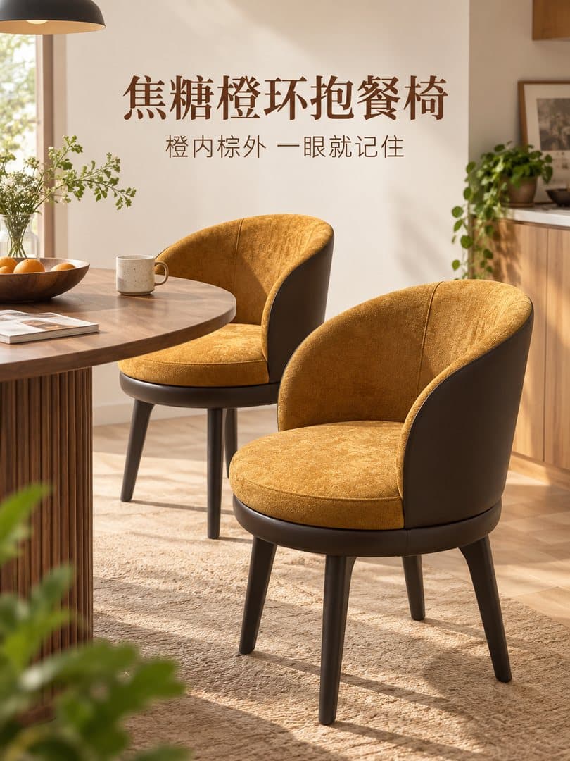 生成的封面:焦糖橙环抱餐椅放在餐厅里,带标题